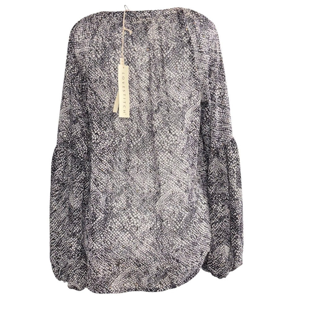 Love Stitch Women Boho Blouse S Flowy Balloon Sleeve V-Neck Sheer Black NEW - Picture 3 of 12